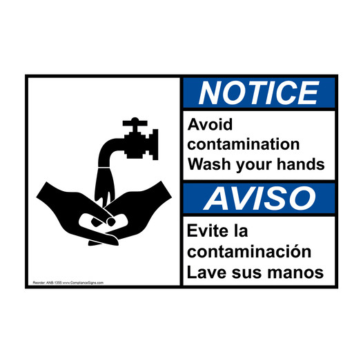 English + Spanish ANSI NOTICE Avoid Contamination Wash Hands Sign With Symbol ANB-1355