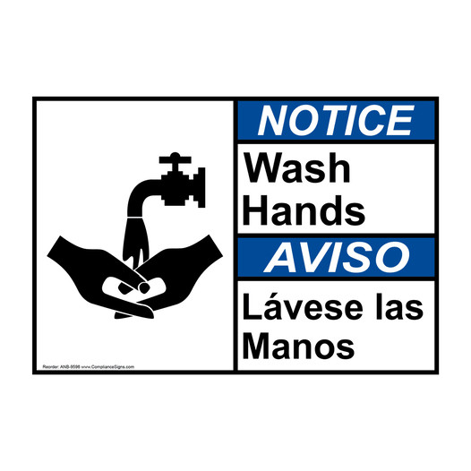 English + Spanish ANSI NOTICE Wash Hands Sign With Symbol ANB-9598