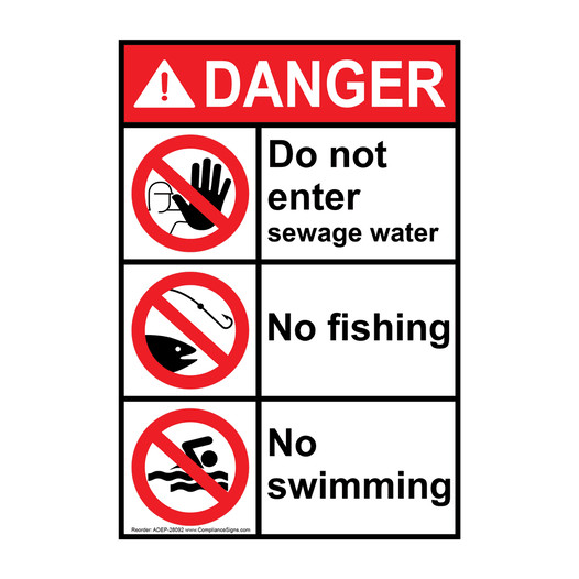 Portrait ANSI DANGER Do not enter Sewage water Sign with Symbol ADEP-28092