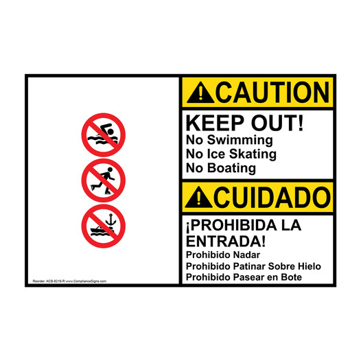 English + Spanish ANSI CAUTION Keep Out Swimming Skating Boat Sign With Symbol ACB-8216-R