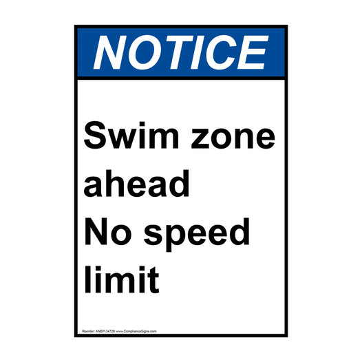Portrait ANSI NOTICE Swim zone ahead No speed limit Sign ANEP-34728