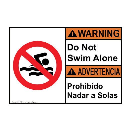 English + Spanish ANSI WARNING Do Not Swim Alone Sign With Symbol AWB-7790
