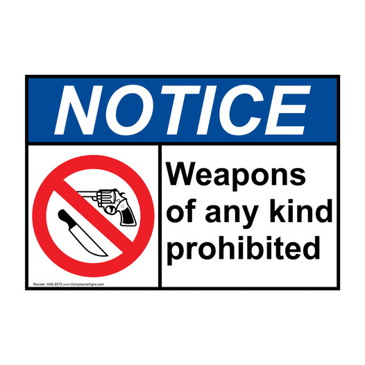 ANSI NOTICE Weapons Of Any Kind Prohibited Sign with Symbol ANE-8570