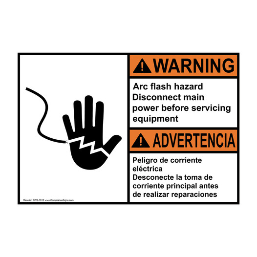 English + Spanish ANSI WARNING Arc flash hazard Disconnect main power Sign With Symbol AWB-7913