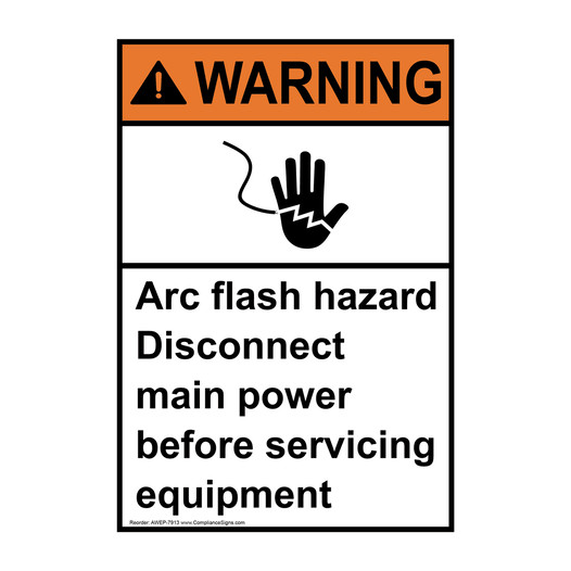 Portrait ANSI WARNING Arc Flash Hazard Disconnect Main Power Sign with Symbol AWEP-7913