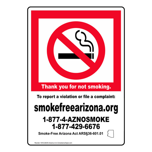 Arizona Thank you for not smoking. Smoke-Free AZ Sign NHE-28235-Arizona