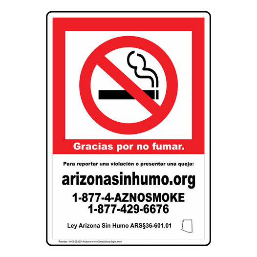 Arizona Spanish Thank you for not smoking. Smoke-Free AZ Sign NHS-28235-Arizona