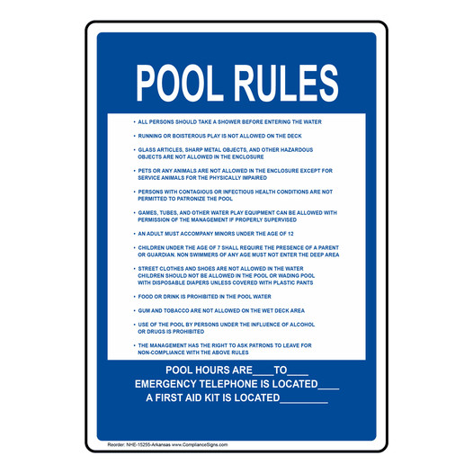 Arkansas Pool Rules Sign NHE-15255-Arkansas