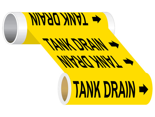 ASME A13.1 Tank Drain Wide Pipe Label PIPE-24315_WideRoll_Black_on_Yellow