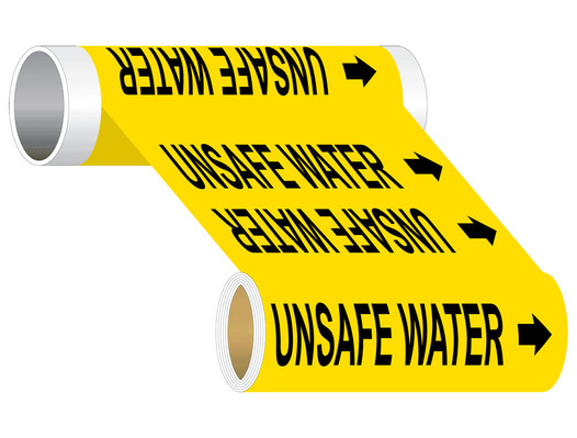 ASME A13.1 Unsafe Water Wide Pipe Label PIPE-24355_WideRoll_Black_on_Yellow