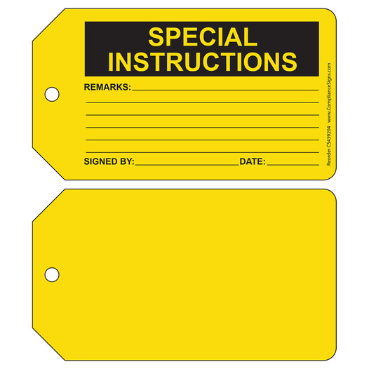Yellow SPECIAL INSTRUCTIONS Write-On Safety Tag CS439204