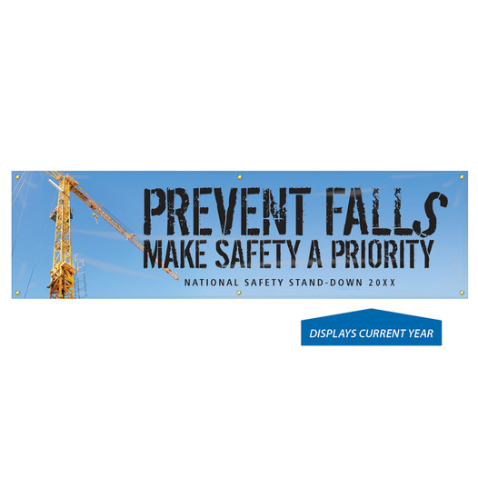 Blue Prevent Falls Make Safety A Priority Banner with Crane