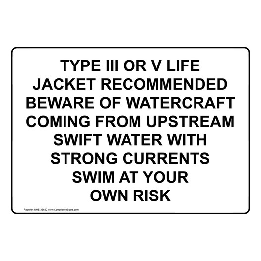 Type III Or V Life Jacket Recommended Beware Sign NHE-36622