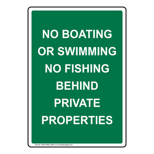 Portrait No Boating Or Swimming No Fishing Sign NHEP-36628_GRN
