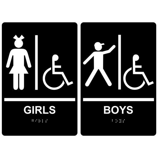 Black ADA Braille GIRLS - BOYS Accessible Restroom Sign Set for Amazon