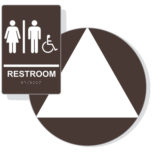 White on Dark Brown California Title 24 Accessible Unisex Restroom Sign Set, 12 in. + 9x6 in. Acrylic