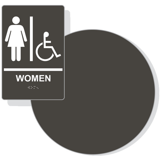 White on Charcoal Gray California Title 24 Accessible Women's Restroom Sign Set, 12 in. + 9x6 in. Acrylic