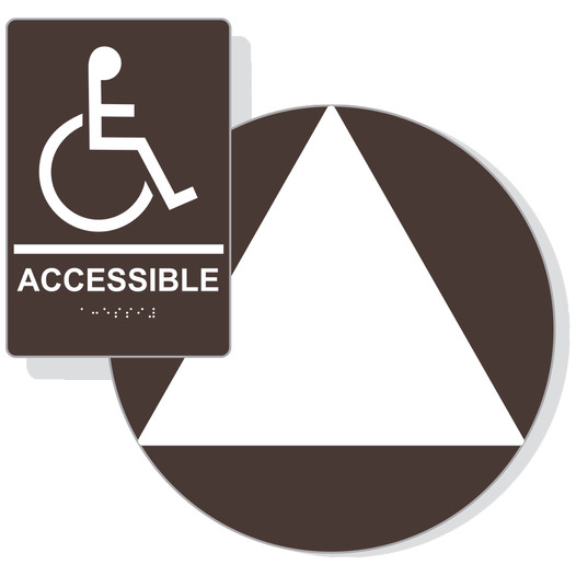 White on Dark Brown California Title 24 Accessible Unisex Restroom Sign Set, 12 in. + 9x6 in. Acrylic