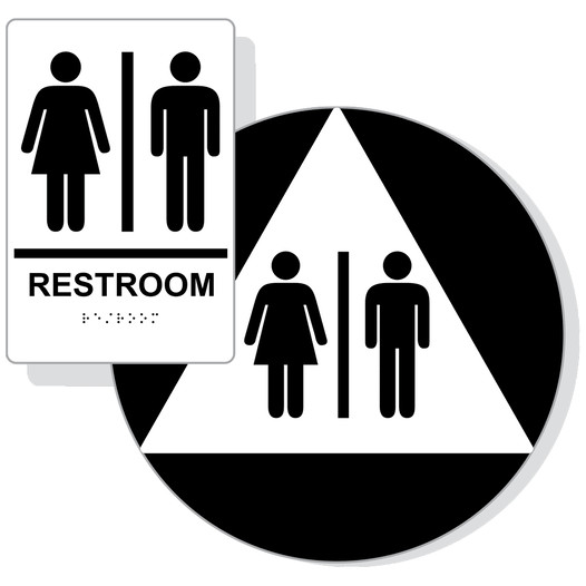 White ADA Braille Unisex RESTROOM Sign Set RRE-110_DCTS_Set_Black_on_White