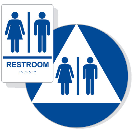 White ADA Braille Unisex RESTROOM Sign Set RRE-110_DCTS_Set_Blue_on_White