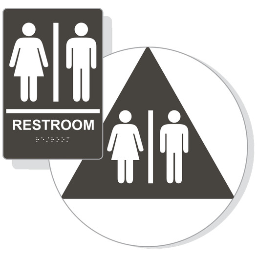 Charcoal Gray ADA Braille Unisex RESTROOM Sign Set RRE-110_DCTS_Set_White_on_CharcoalGray