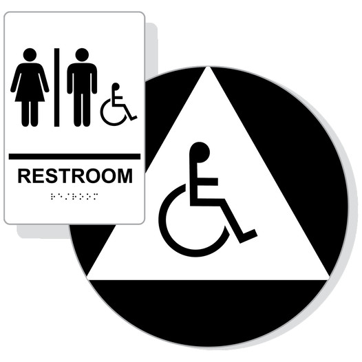 White ADA Braille Accessible Unisex RESTROOM Sign Set RRE-120_190_DCTS_Set_Black_on_White