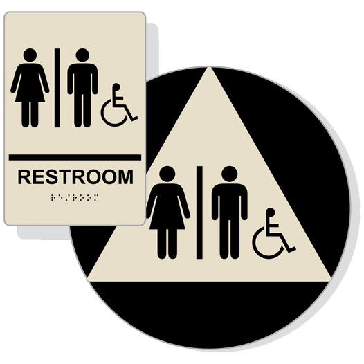 Almond ADA Braille Accessible Unisex RESTROOM Sign Set RRE-120_DCTS_Set_Black_on_Almond