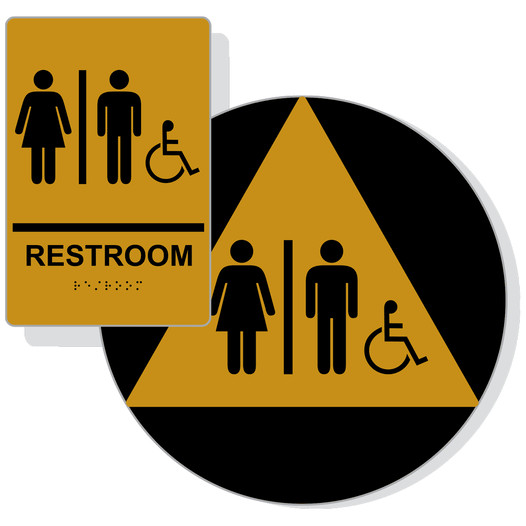 Gold ADA Braille Accessible Unisex RESTROOM Sign Set RRE-120_DCTS_Set_Black_on_Gold