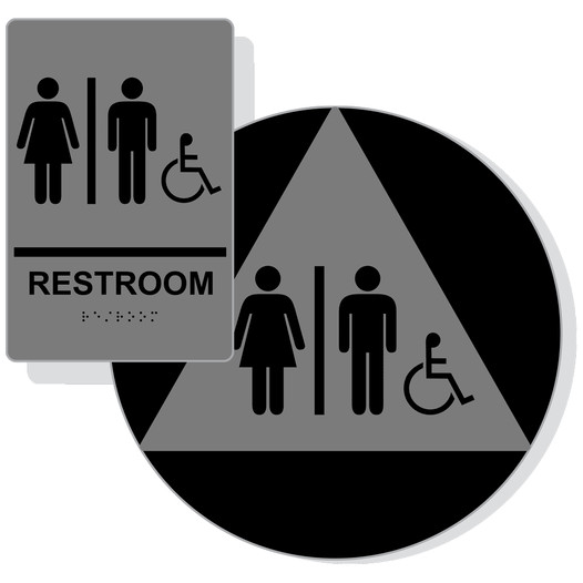 Gray ADA Braille Accessible Unisex RESTROOM Sign Set RRE-120_DCTS_Set_Black_on_Gray
