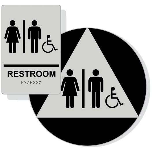 Pearl Gray ADA Braille Accessible Unisex RESTROOM Sign Set RRE-120_DCTS_Set_Black_on_PearlGray