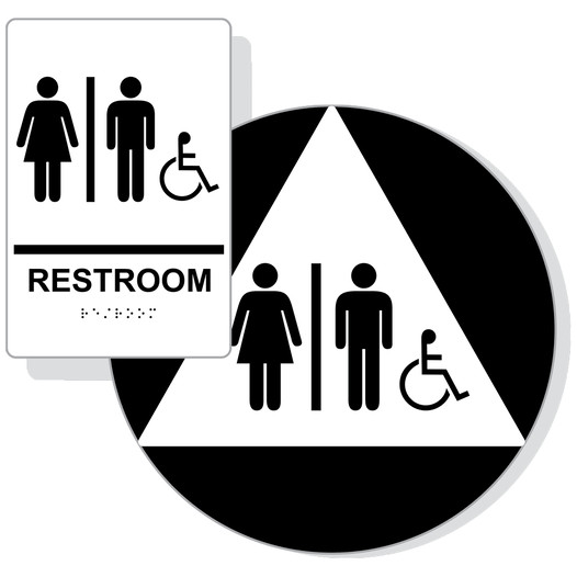 White ADA Braille Accessible Unisex RESTROOM Sign Set RRE-120_DCTS_Set_Black_on_White