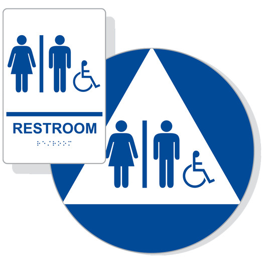 White ADA Braille Accessible Unisex RESTROOM Sign Set RRE-120_DCTS_Set_Blue_on_White