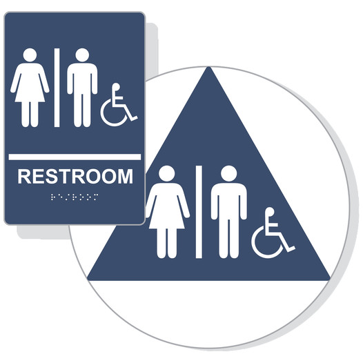 Navy ADA Braille Accessible Unisex RESTROOM Sign Set RRE-120_DCTS_Set_White_on_Navy