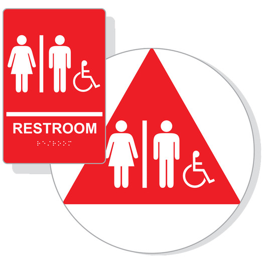 Red ADA Braille Accessible Unisex RESTROOM Sign Set RRE-120_DCTS_Set_White_on_Red