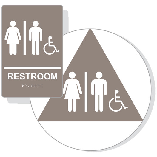 Taupe ADA Braille Accessible Unisex RESTROOM Sign Set RRE-120_DCTS_Set_White_on_Taupe