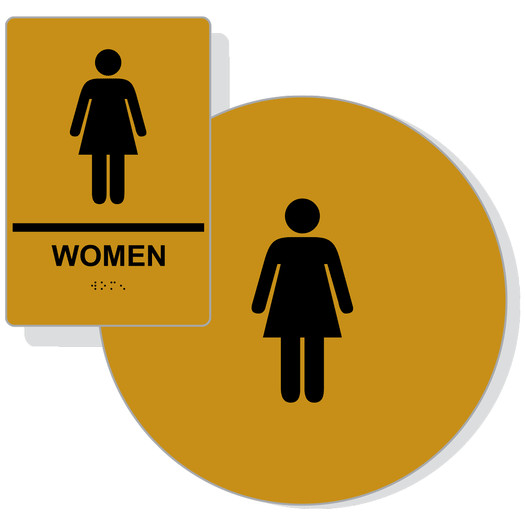 Gold ADA Braille WOMEN Restroom Sign Set RRE-125_DCS_Set_Black_on_Gold