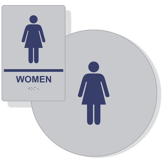 Silver ADA Braille WOMEN Restroom Sign Set RRE-125_DCS_Set_MarineBlue_on_Silver