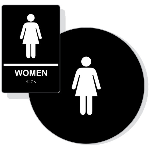 Black ADA Braille WOMEN Restroom Sign Set RRE-125_DCS_Set_White_on_Black