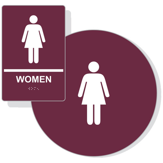 Burgundy ADA Braille WOMEN Restroom Sign Set RRE-125_DCS_Set_White_on_Burgundy
