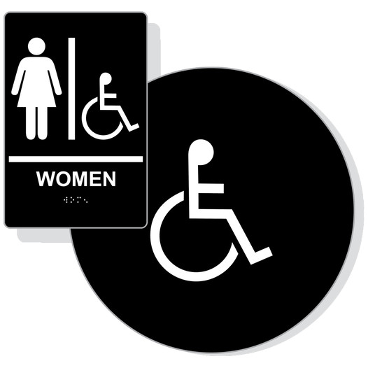Black ADA Braille Accessible WOMEN Restroom Sign Set RRE-130_190_DCS_Set_White_on_Black