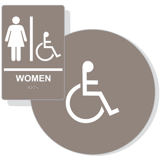 Taupe ADA Braille Accessible WOMEN Restroom Sign Set RRE-130_190_DCS_Set_White_on_Taupe