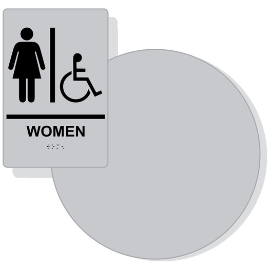 Silver on Black California Title 24 Accessible Women's Restroom Sign Set RRE-130_DC_Title24Set_Black_on_Silver