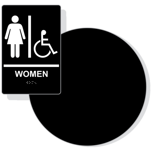 White on Black California Title 24 Accessible Women's Restroom Sign Set RRE-130_DC_Title24Set_White_on_Black