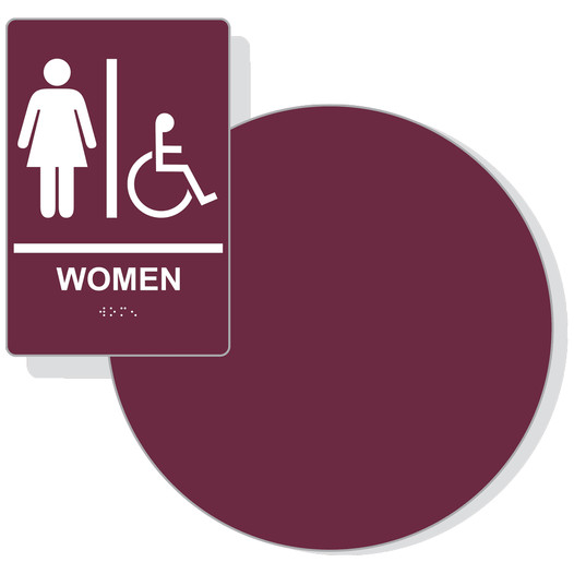 Burgundy on White California Title 24 Accessible Women's Restroom Sign Set RRE-130_DC_Title24Set_White_on_Burgundy