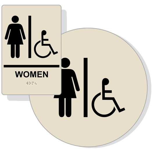 Almond ADA Braille Accessible WOMEN Restroom Sign Set RRE-130_DCS_Set_Black_on_Almond