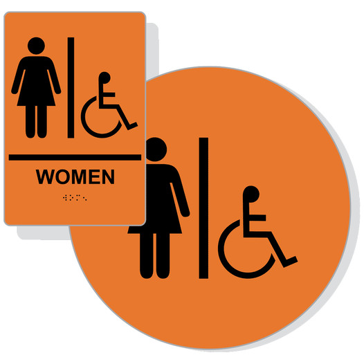 Orange ADA Braille Accessible WOMEN Restroom Sign Set RRE-130_DCS_Set_Black_on_Orange