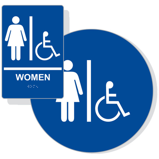 Blue ADA Braille Accessible WOMEN Restroom Sign Set RRE-130_DCS_Set_White_on_Blue