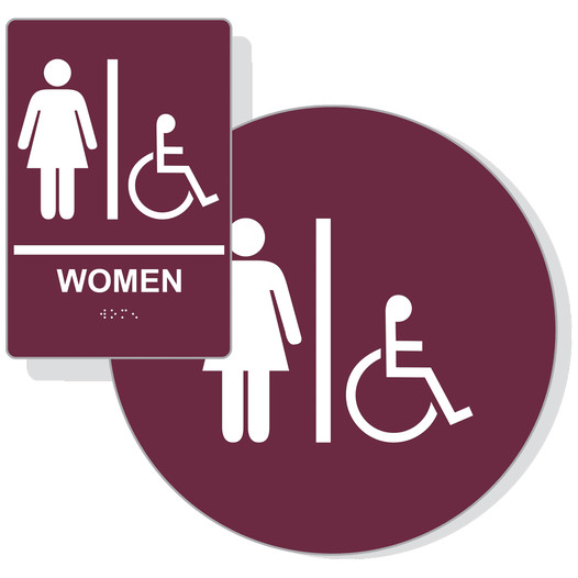 Burgundy ADA Braille Accessible WOMEN Restroom Sign Set RRE-130_DCS_Set_White_on_Burgundy