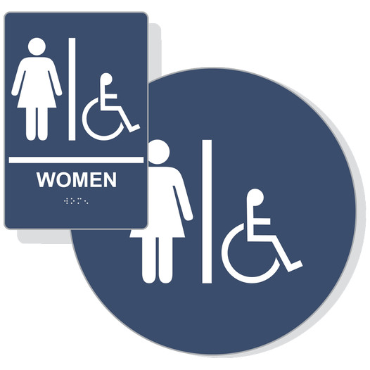 Navy ADA Braille Accessible WOMEN Restroom Sign Set RRE-130_DCS_Set_White_on_Navy