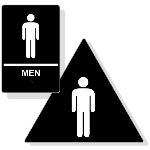 Black ADA Braille MEN Restroom Sign Set with Symbol RRE-145_DTS_Set_White_on_Black